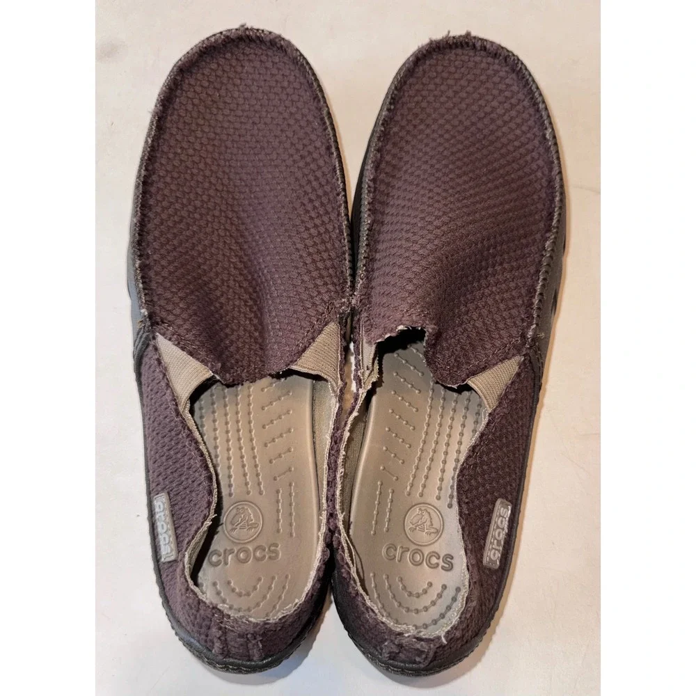 Crocs Santa Cruz Men's 10 Brown Canvas Slip On Loafers Casual Shoes